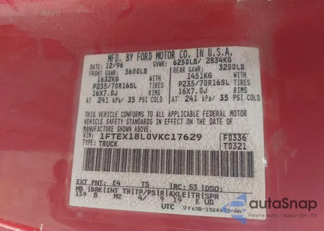 1997 Ford F-150 Lariat/Xl/Xlt from USA, damaged, VIN 1FTEX18L0VKC17629